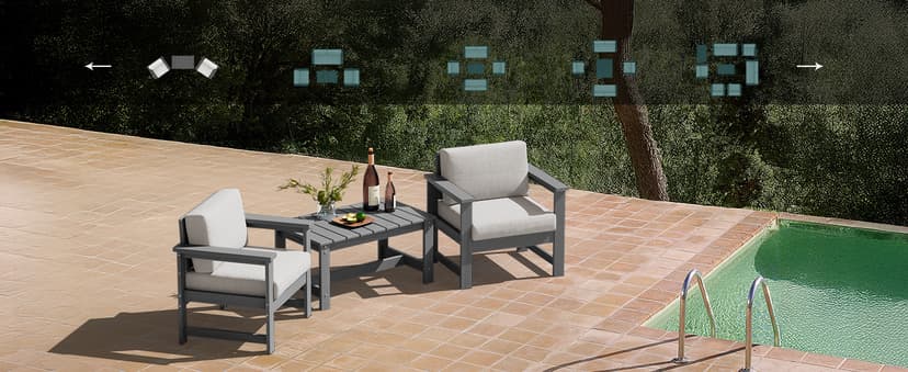 SERWALL 5 Pieces HDPE Outdoor Sofa Set with Cushions, All Weather Use Patio Conversation Couch Loveseat Furniture with Coffee Table for Balcony, Deck, Poolside, Grey Frame with Khaki Cushions