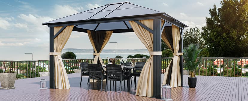 YITAHOME 10x12 Polycarbonate Gazebo Hardtop Outdoor Canopy with Netting and Shaded Curtains, Aluminum Frame Garden Tent for Patio, Backyard, Deck and Lawns, Brown
