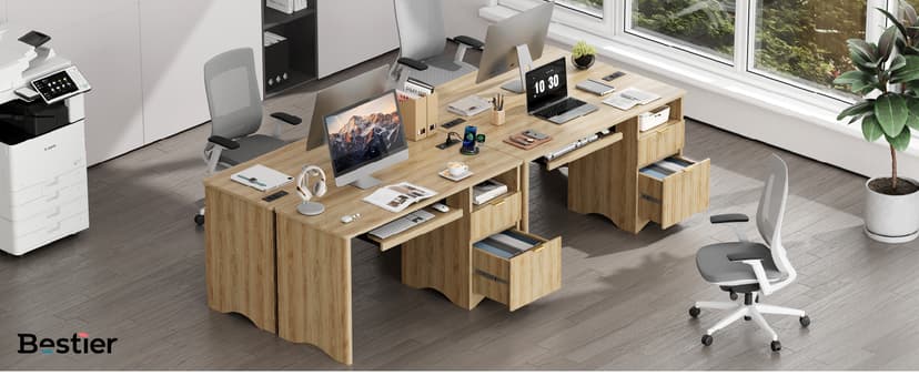 Bestier Computer Desk with Keyboard Tray, 55 inch Office Desk with Power Outlet, Modern Home Office Desk with File Drawer (Natual Oak, 55" W with Single-Sided Drawers)