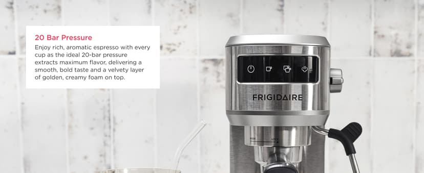 Frigidaire Steam Espresso Maker, Coffee Machine with Milk Frother & Cup Warmer, 20 Bar Pressure, 34 oz Removable Water Tank, Single or Double Shot, Stainless Steel