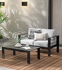 Wisteria Lane Patio Furniture Aluminum Sofa, All-Weather Outdoor 3 Seats Couch, Black Metal Chair with Light Grey Cushions