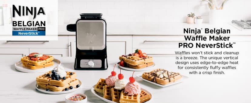 Ninja BW1001 NeverStick PRO Belgian Waffle Maker, Vertical Design, 5 Shade Settings, with Precision-Pour Cup & Chef-curated Recipe Guide, Black & Silver