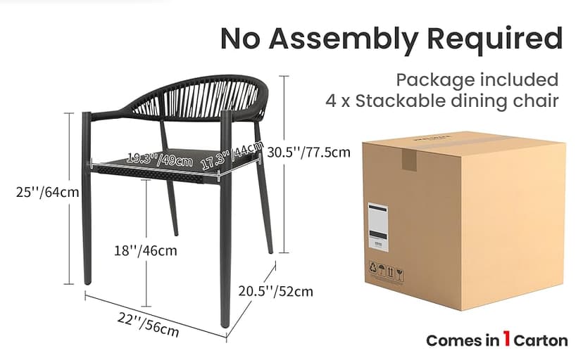 4 Pcs Stackable Patio Dining Chairs, Aluminum Rattan Outdoor Dining Chair with Arms, Woven Rope Garden Armchair Metal No Assembly for Bistro Balcony Porch Deck Yard Cafe Restaurant, Black