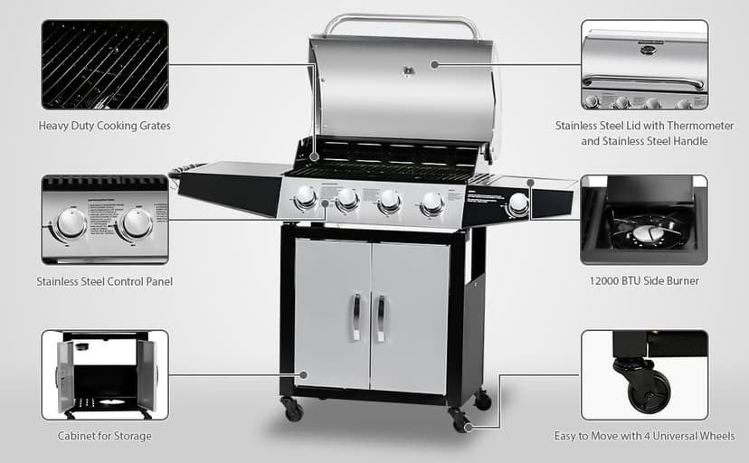 MASTER COOK Gas Grill, BBQ 4-Burner Cabinet Style Grill Propane with Side Burner, Stainless Steel