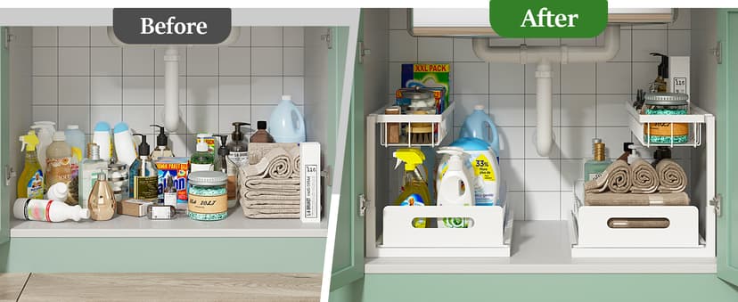 REALINN Under Sink Organizer, Pull Out Cabinet Organizer 2 Tier Slide Out Sink Shelf Cabinet Storage Shelves, Under Sink Storage for Kitchen Bathroom Cabinet, White, 1 Pack