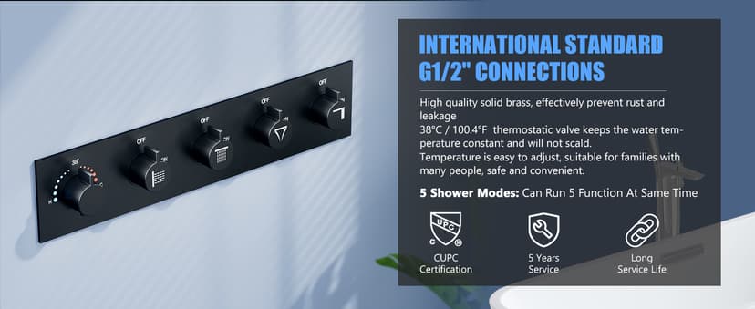 23" Full Body Thermostatic Shower System with Body Jets, Luxury LED Music Rainfall Waterfall Shower Jets System In Wall, Smart Ceiling Mount Multi Function Rain Shower Faucet Set