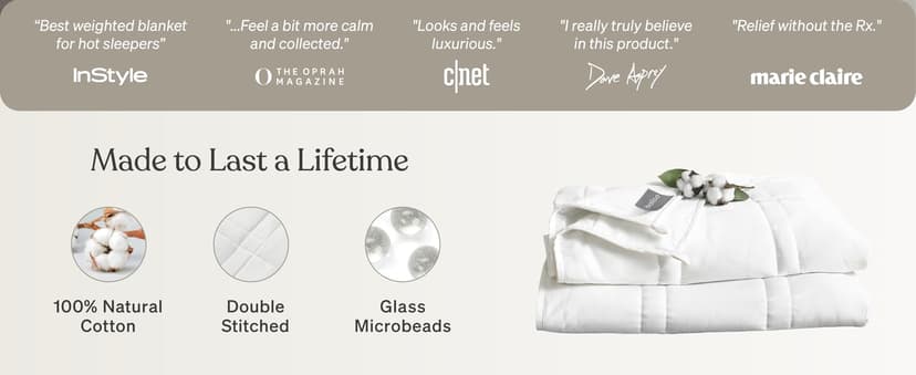 Baloo Weighted Blanket for Adults 12 lb Throw (Pebble White, 42"x72") | Cool & 100% Cotton | Machine Washable & Dryer Safe | Glass Microbead Fill