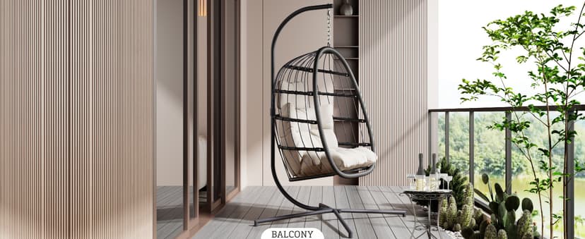 HWB Hanging Egg Chair with Stand, Patio Wicker Hammock Egg Swing Chair with Cushion for Bedroom Garden Indoor Outdoor (Beige)