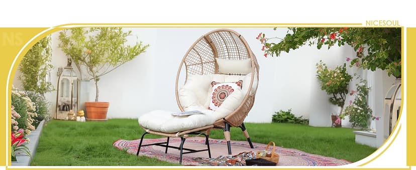 NICESOUL Wicker Egg Chair with Ottoman, Indoor Outdoor Egg Basket Lounge Chair w/Cushion, Oversized Egg Seat with Legs 440 Lbs, Comfy Cozy Boho Style Nest Chair w/Footrest for Patio, Balcony, Beige