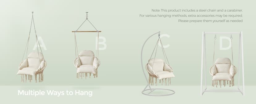 SONGMICS Hanging Chair, Hammock Chair with Large, Thick Cushion, Boho Swing Chair for Bedroom, Patio, Balcony, Garden, Holds up to 264 lb, Accessories Included, Cream White UGDC042M01