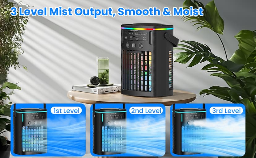 Portable Air Conditioners, Mini Air Conditioner Portable Cooling Fan with Remote Control, 3 Wind Speed & 3 Mist Level & 2-8H Timer & 7 LED Light Evaporative Air Cooler for Home Office Room, Black