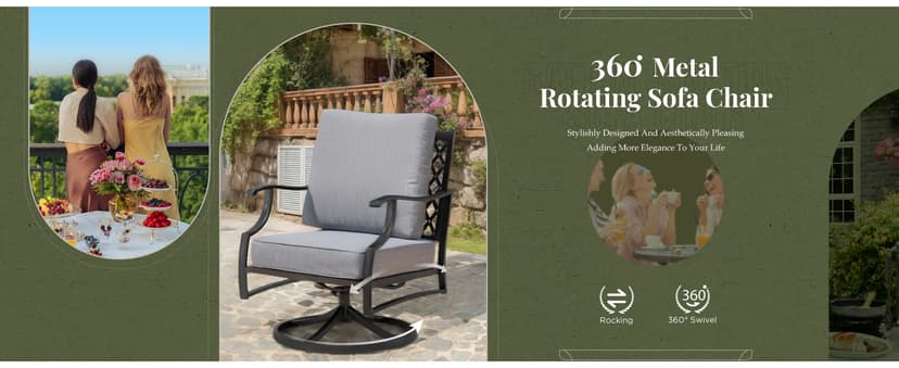 Patio Furniture Set 7 pcs, Outdoor Patio Furniture, 3-Seat Sofa, 2 Single Chairs, 2 Swivel Chairs, 2 Ottomans and 5.75" Extra Thick Cushion, Patio Conversation Set for Backyard Deck,Grey