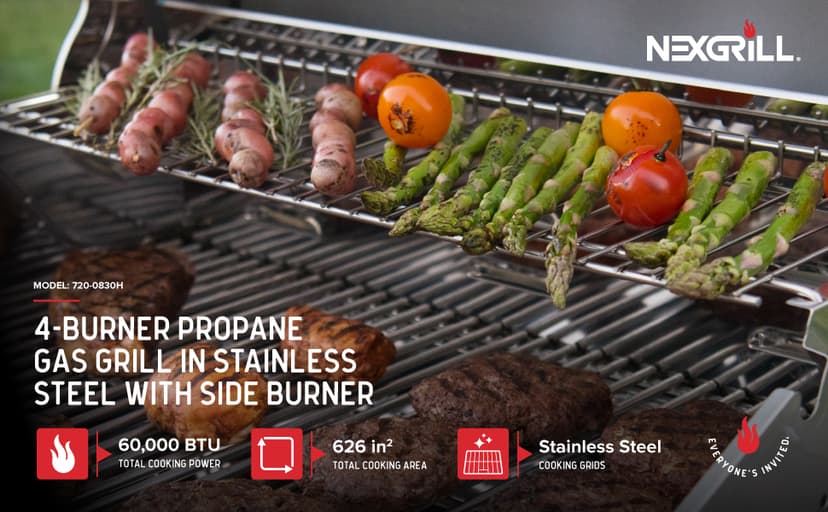 Nexgrill 4-Burner Propane Gas Grill in Stainless Steel with Side Burner, 60000BTUs, 626 sq. in. Cooking Space, Perfect for Outdoor Cooking & Grilling, Patios, BBQ, Backyards, Silver, 720-0830H