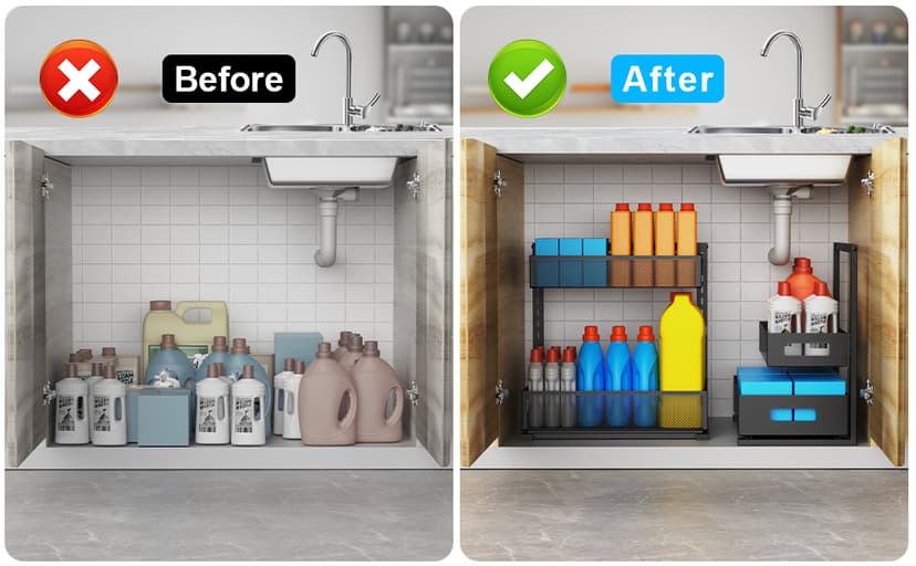 Under Sink Organizer Pull Out Cabinet Organizer Adjustable Height 2 Tier with Sliding Drawers Kitchen Bathroom Organizer and Storage(1pc)