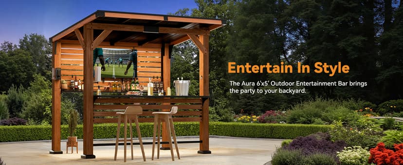 Modern Shade The Aura Cedar Wood Entertainment Bar Center, Wood Gazebo Grill Pavilion with Shelves & Paper Towel Holder, Grill Gazebo with Hardtop Steel Roof,TV Mount, Power Strip for Patio, Garden