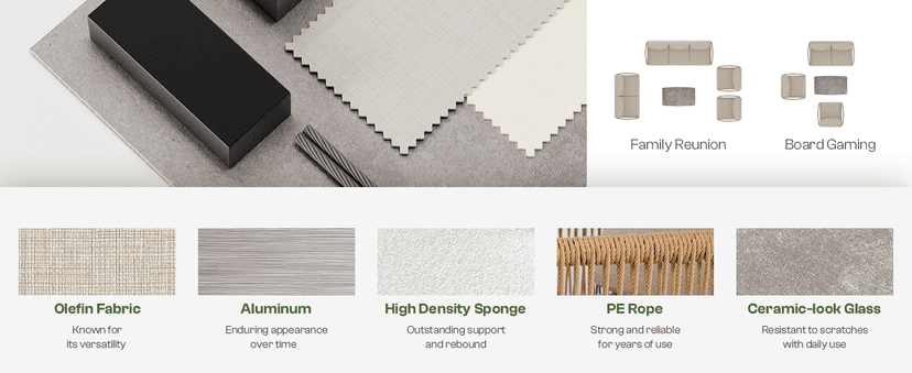 Aluminum Outdoor Patio Furniture Set, HDPE Rope 5 Piece Modern Sectional Conversation Sets with Dual-Layer Coffee Table, All Weather Patio Couch Sofa with Thick Cushions, Gray Frame, Gray