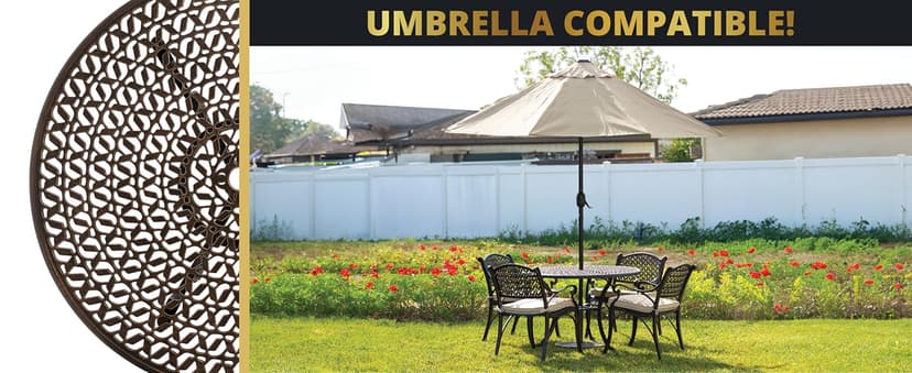 Kinger Home 5-Piece Cast Aluminum Outdoor Dining Furniture Set for 4, Round Patio Table and Chairs for 4 with Cushions, Outdoor Furniture Set with Umbrella Hole, All-Weather Patio Dining Set