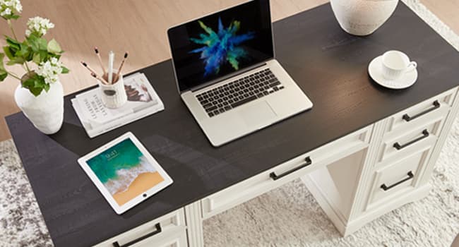 JXQTLINGMU 58" Executive Desk, Farmhouse Computer Desk with Drawers and Cabinet, Embossed Texture Home Office Desk w/Charging Station, Workspace for Work Study Writing, Off White