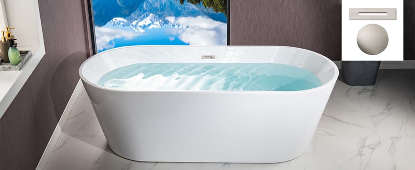 WOODBRIDGE 71" Acrylic Freestanding Bathtub Contemporary Soaking White Tub with Brushed Gold Overflow and Drain,B1701-BG