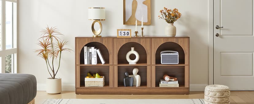 Console Table with 3-Tier Open Storage, 63" Arched Entryway Table with Carved Fluted Panels, Rectangular Wooden Sofa Table for Living Room, Hallway, or Behind Couch (1, Walnut)