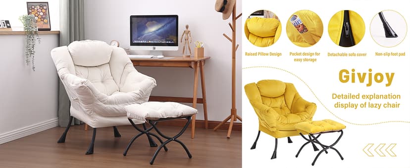 Lazy Chair and Ottoman, Large Accent Lounge Chair with Armrests and a Side Pocket, Modern Leisure Upholstered Sofa Reading Armchair with Footrest for Bedroom, Living Room, Dorm Rooms, Office