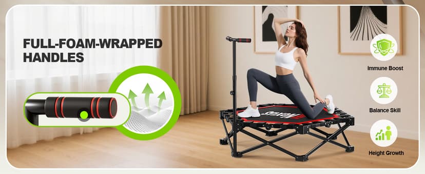 42" Foldable Mini Trampoline- 450lb Capacity Fitness Rebounder w/3-Level Adjustable T-Bar, Adults Workout Trampoline, Non-Slip Pad | Foldable Design for Home/Gym
