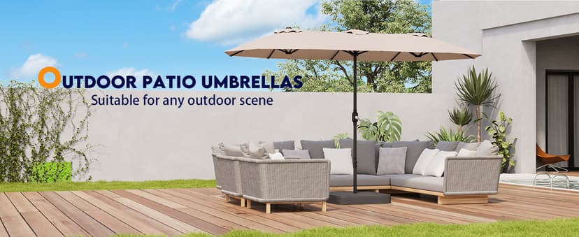 15ft Patio Umbrella with Base,Large Outdoor Double-Sided Rectangle Umbrella with Crank Handle, Market Umbrella for Poolside Garden Deck Backyard Beach Pools, Beige