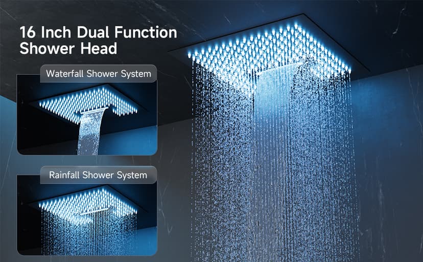 Smart Shower System with Body Jets, Black Shower Head and Handle Set,16" Ceiling Mount Rainfall Waterfall Shower Jets System with Tub Spout,Thermostatic Shower System Bathroom with Music and Led Light