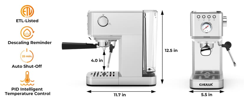 CHULUX Slim Espresso Machine with Milk Frother Steam Wand, 20 Bar Professional Italian Pump Espresso Coffee Machine for Home Cappuccino & Latte Maker, Silver