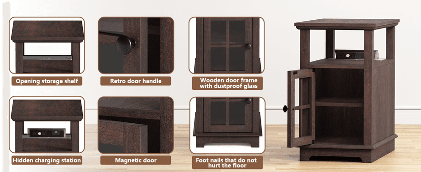 HIFYOBRO Narrow End Table with Flip Top Charging Station, Adjustable Shelf, Type-C & USB Port & Power Outlets, Side Table with Storage for Living Room/Bedroom/Home Office