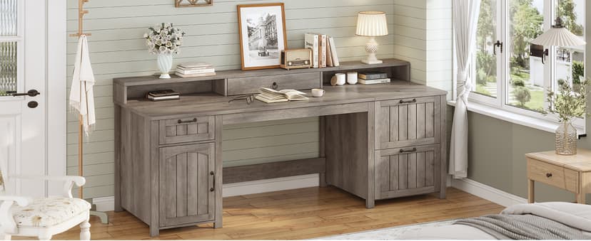 SEDETA Farmhouse 63" Executive Desk, Wood Computer Desk with Drawers and Storage Cabinet, Home Office Desk with File Drawer and Monitor Stand, Wood Desk for Work Study Writing, Grey
