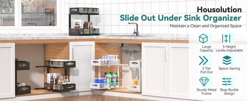 2 Pack Under Sink Organizer, 2 Tier Metal Pull Out Under Sink Storage with Sliding Mesh Drawers, Height Adjustable Slide Out Under Sink Organizer for Kitchen Bathroom Cabinet, Black