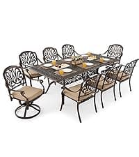 7 Piece Outdoor Dining Set Cast Aluminum, Retro Patio Dining Furniture Set for 6 Includes 59” Rectangular Table 2 Swivel Chairs with Thicker Cushions and Umbrella Hole for Patio Deck Garden