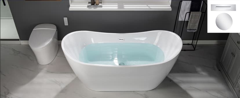 WOODBRIDGE 67" Acrylic Freestanding Bathtub Contemporary Soaking White Tub with Brushed Gold Overflow and Drain,B0010-BG