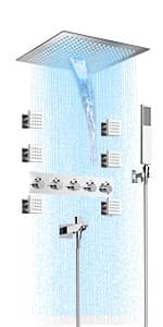 Smart Shower System with Body Jets, Black Shower Head and Handle Set,16" Ceiling Mount Rainfall Waterfall Shower Jets System with Tub Spout,Thermostatic Shower System Bathroom with Music and Led Light