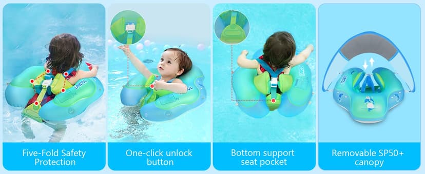 LAYCOL Baby Swimming Float Inflatable Baby Pool Float Ring with Sun Protection Canopy,add Tail no flip Over for Age of 3-36 Months