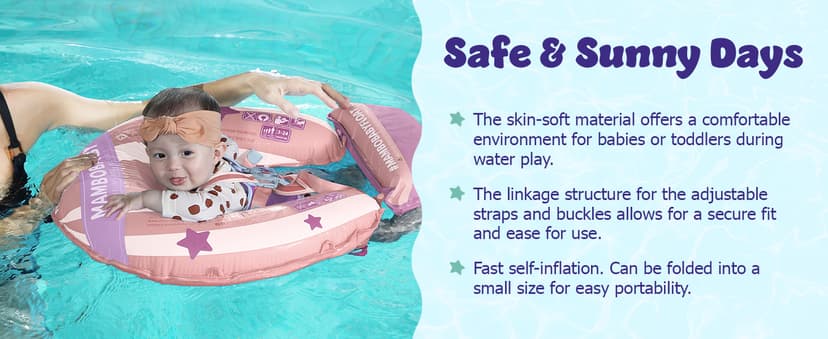 MAMBOBABYFLOAT Light Traveler 2025 — Safe, Comfortable, Adjustable Baby Pool Float with Canopy — Sun Protection, Self-Inflating, 5-Way Buckle System (Hot Air Balloon, Pink)