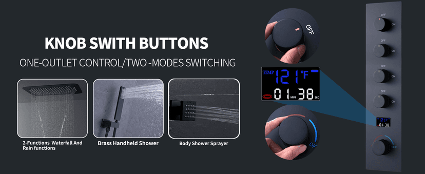 AYIVG Matte Black Thermostatic Rainfall Full Body Shower System With 2 In 1 Waterfall Rainfall Ceiling Mount 16 X 24 Inch Rain Shower Head 6 Jets Temperature Display Shower Faucet Set