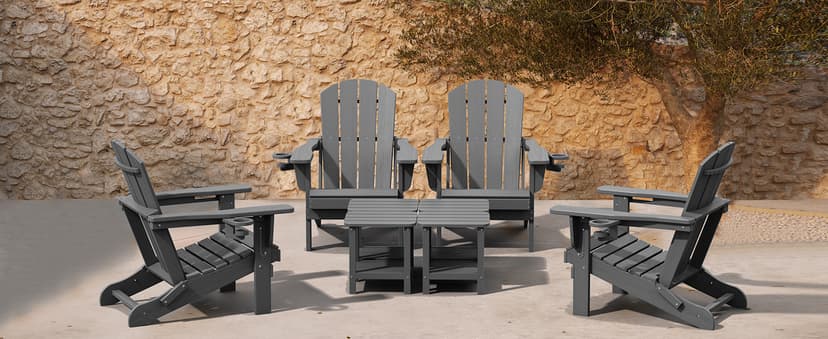 SERWALL Foldable Adirondack Chair, HDPE Adirondack Chair with Wood-Texture-Gray
