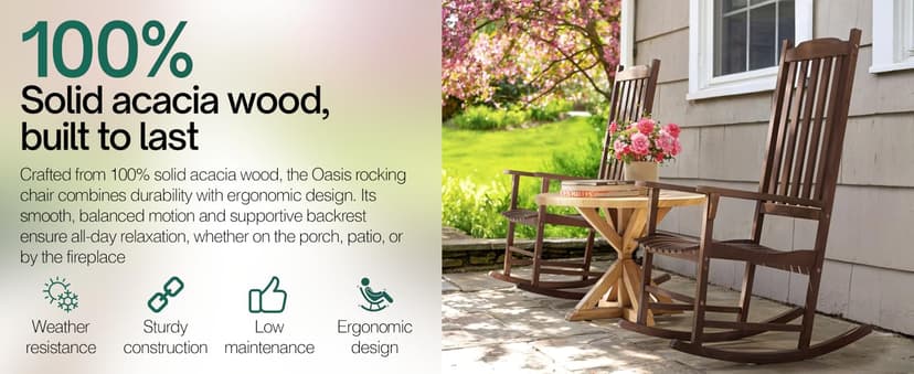 Tranquillo Oasis Wooden Rocking Chair for Patio, Porch, or Indoor Use – Classic Acacia Wood Rocker with Sturdy Frame, Comfortable Slatted Seat, Smooth Rocking Motion – Farmhouse Outdoor Chair