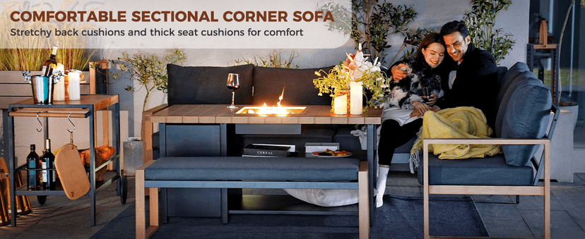 Grand patio 4-Piece Outdoor Furniture Set with Gas Fire Pit Table, Aluminum Patio Sofa Set for 8 with Faux Wood Grain Finish, Modern Patio Couch Sofa with Outdoor Bench and Chaise for Backyard