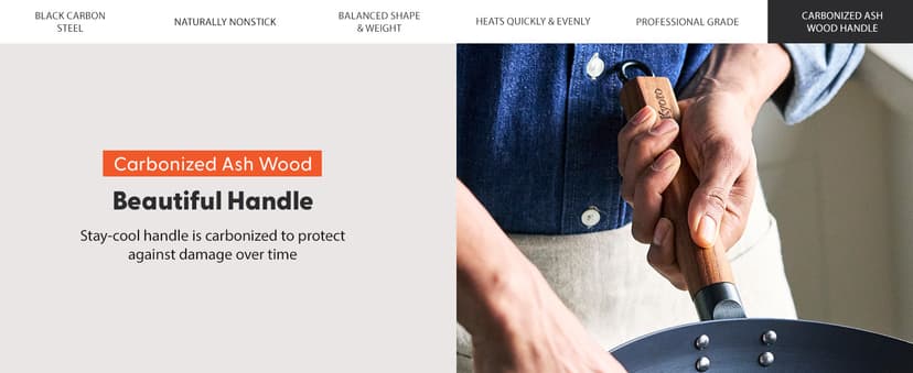 GreenPan Carbon Steel Wok 14”, Flat Bottom, Durable Stir-Fry Pan, Pre-Seasoned Nonstick Patina, High Heat Retention, Induction, Ash Wood Handle, Kyoto, Black