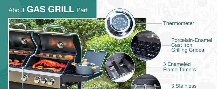 Captiva Designs Propane Gas Grill and Charcoal Grill Combo with Side Burner & Porcelain-Enameled Cast Iron Grate, Dual Fuel BBQ Grill for Outdoor Events & Backyard Barbecue, 690 SQIN Cooking Area