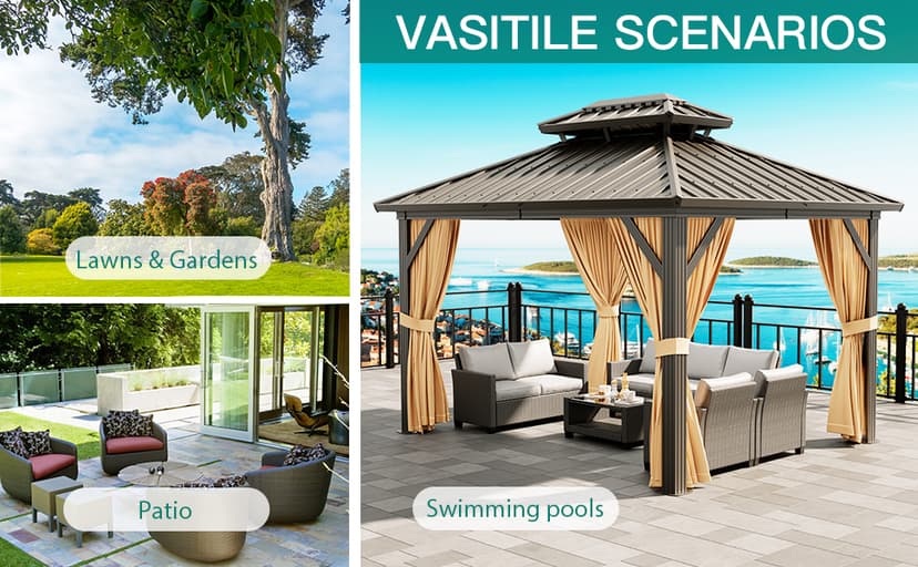 10'x10' Hardtop Gazebo, Heavy Duty Aluminum Permanent Hardtop Gazebo Outdoor Pavilion with Curtains and Netting for Garden (Khaki, 10'x10')