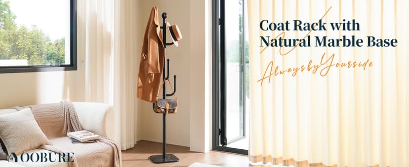 Yoobure Coat Rack Freestanding with Natural Marble Base - Cactus Coat Tree with 6 L-shaped Hooks, Heavy Duty Coat Hanger Stand, Metal Coat Rack Stand for Entryway, Hall Tree for Jacket/Hat/Clothes/Bag