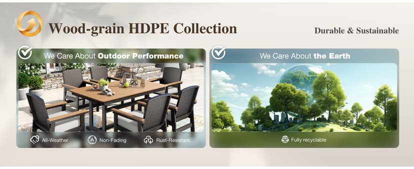 HERA'S HOUSE Patio Table and Chairs Set 7-Piece, HDPE Outdoor Dining Furniture Set with Cushions, All-Weather Wood Grain Table & Wicker Chairs for Backyard, Garden, Deck (Durable & Low Maintenance)