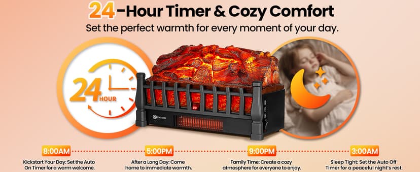 Electric Fireplace Logs Inserts Heater with Infrared Remote Controller 5 Flame Brightness 24 H Timer Overheating Protection for Home and Office Decor Black