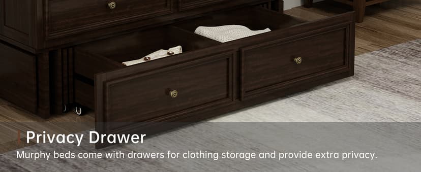 Murphy Bed Cabinet Full with Tri-Folding Mattress, Solid Wood Murphy Bed with 2 USB & 2 Charging Ports, Large Storage Drawer for Home Office or Small Space, Ebony Wood Color