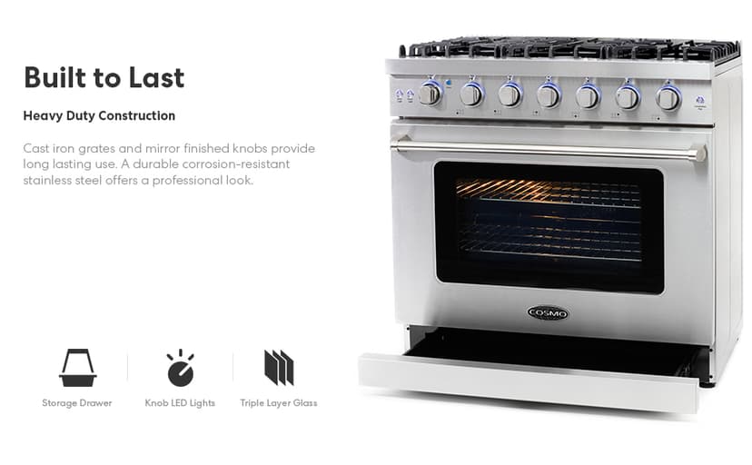 COSMO COS-EPGR366 36 in. Haven Collection 6.0 cu. ft. Gas Range, 6 Burners, Convection Oven, Knob LEDs, Storage Drawer, Stainless Steel