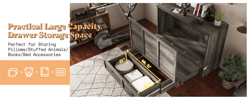 AMERLIFE Queen Murphy Bed with Storage & Charging Station, Farmhouse Murphy Cabinet with Foldable Panel, Noisy Free, for Living Room, Guest Bedroom, Office, Rustic Gray